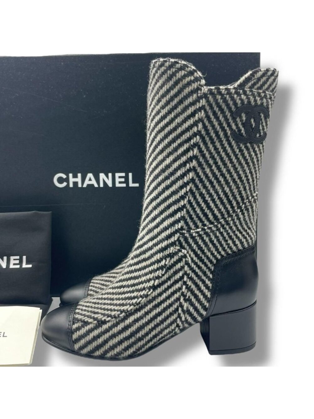 Chanel 15B Boots CC Logo Black White Shoes Tweed Leather